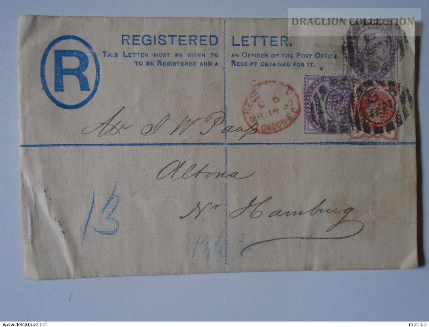 J223.3 UK Registered Letter  1887 LONDON E.C. To Altona Hamburg  Germany - Covers & Documents