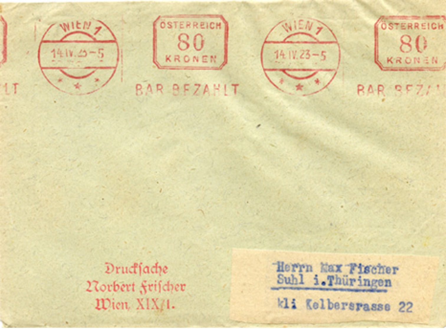 (e874) Brief Österreich Rollen St. Wien N. Suhl Bar Bez. 1923 - Covers & Documents