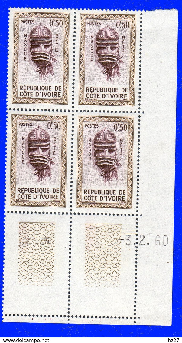 Côte D'Ivoire Bloc De 4 Coin Daté N°181 Neufs** 3/2/1960 - Côte D'Ivoire (1960-...)