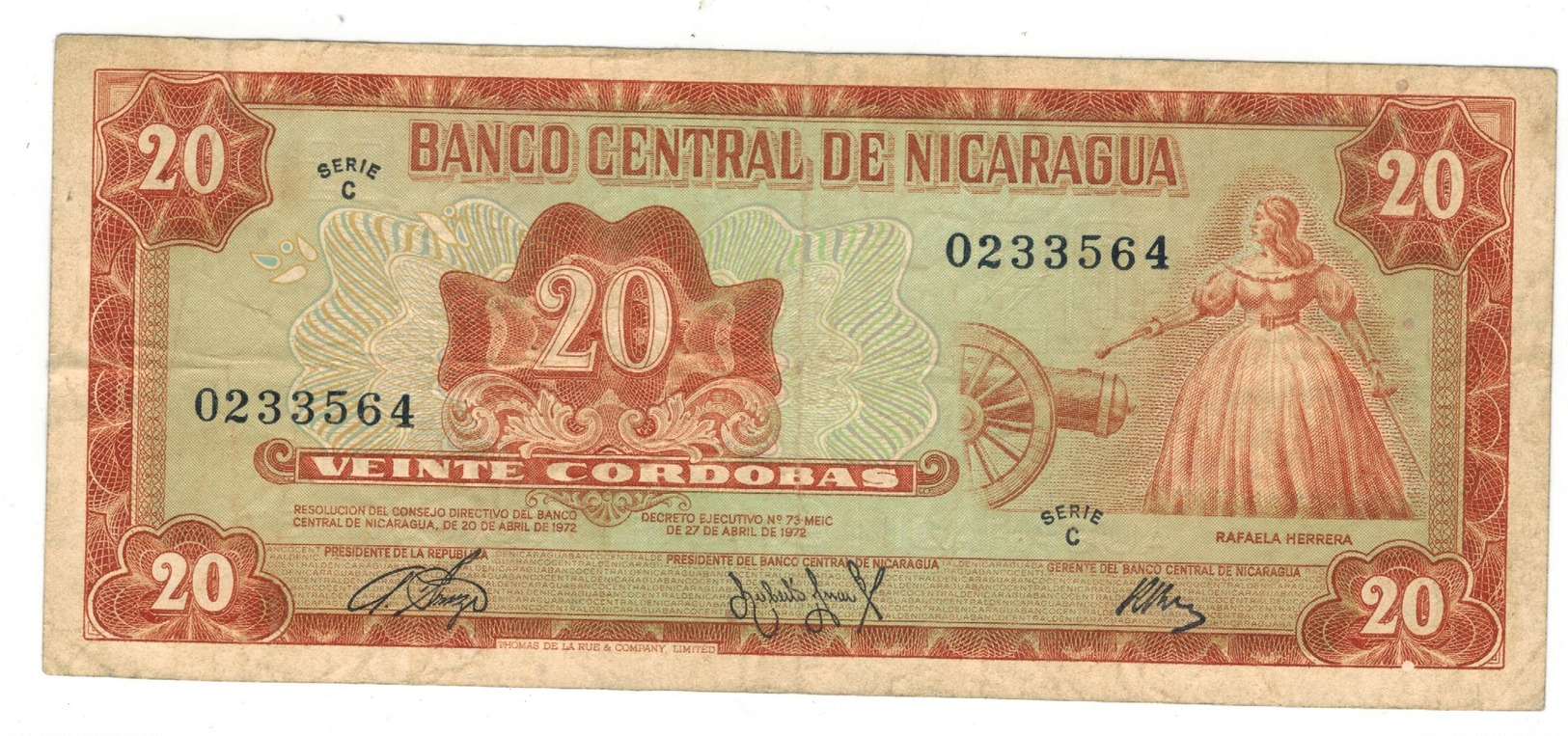 Nicaragua 20 Cordobas 1972, VF+. - Nicaragua