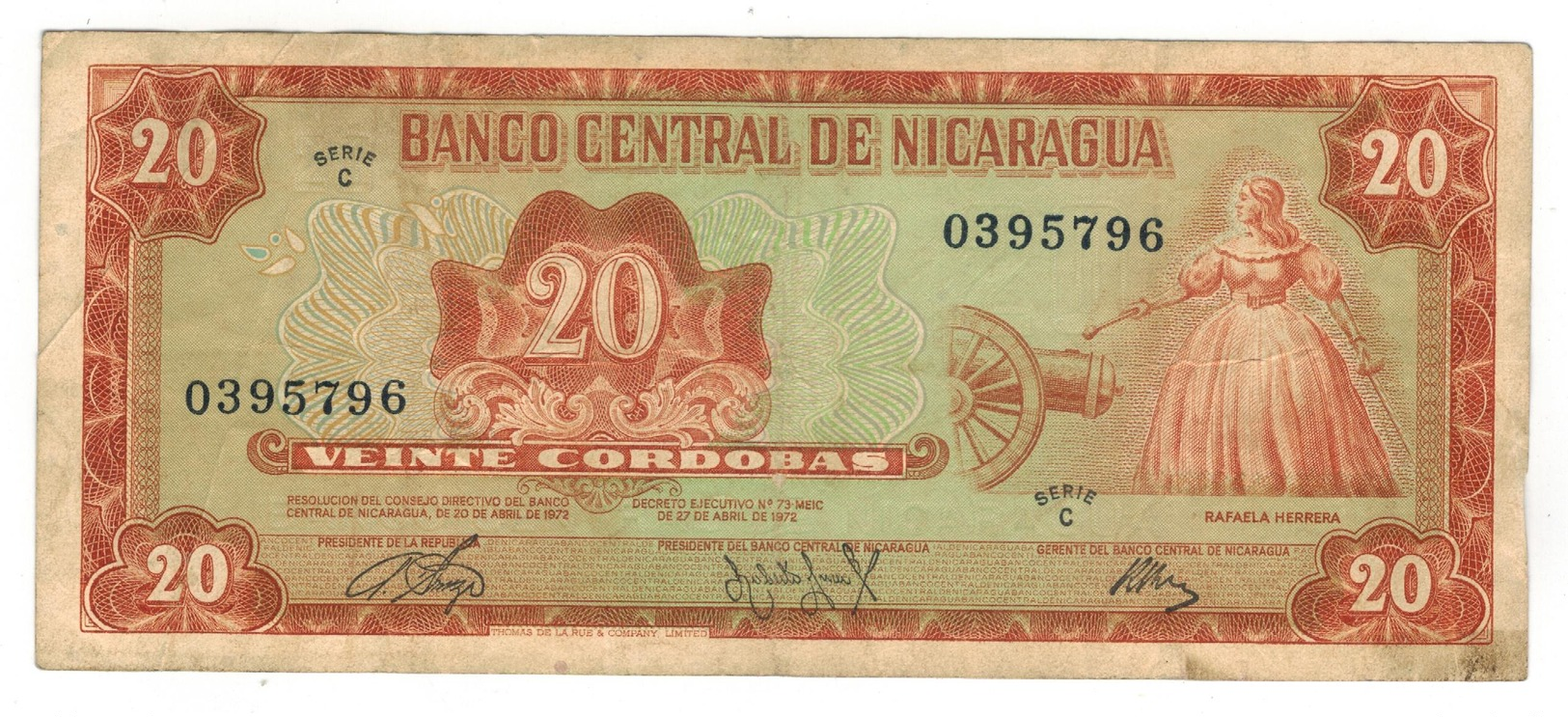 Nicaragua 20 Cordobas 1972, VF. - Nicaragua