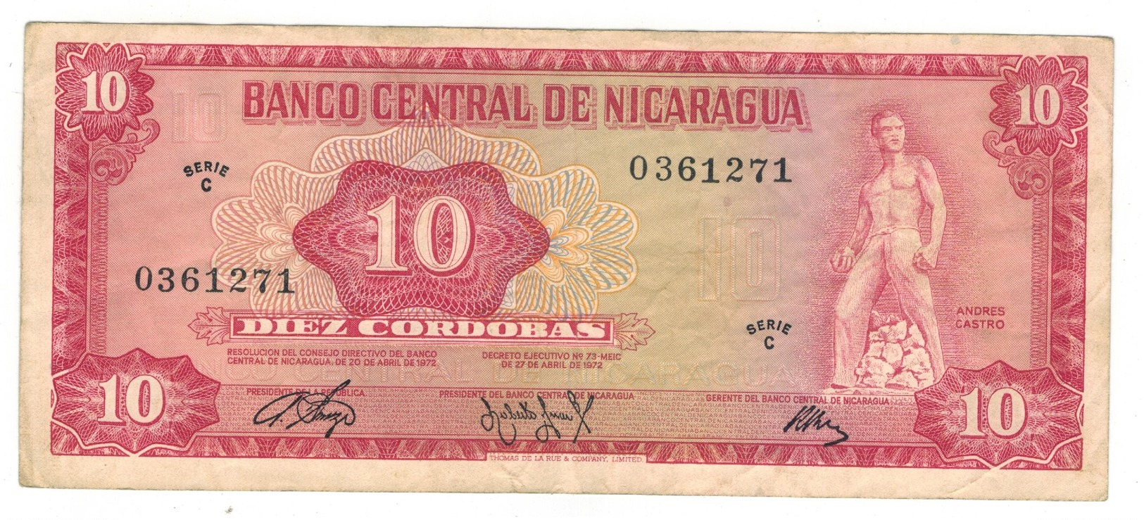 Nicaragua 10 Cordobas 1972, VF+. - Nicaragua
