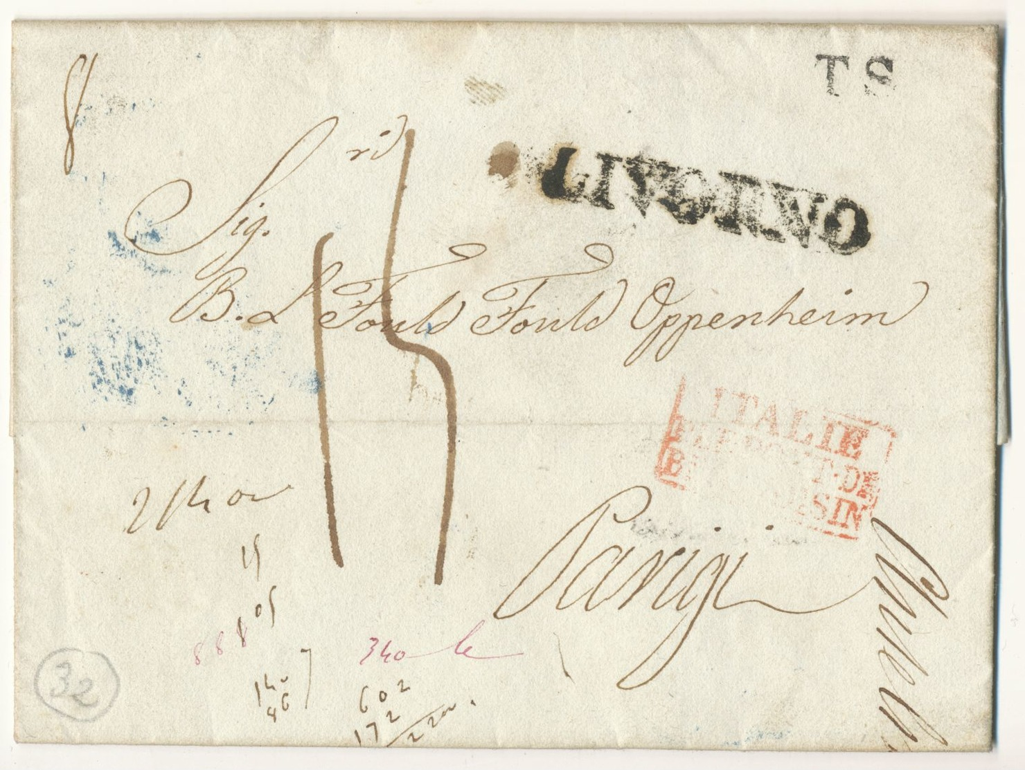 MARITIME & ENTREE LAC 1837 LIVORNO ITALIE +ITALIE P LE PONT DE BEAUVOISIN + MARQUE TS ( TRANSIT ) LETTRE POUR LA FRANCE - 1. ...-1850 Prefilatelia