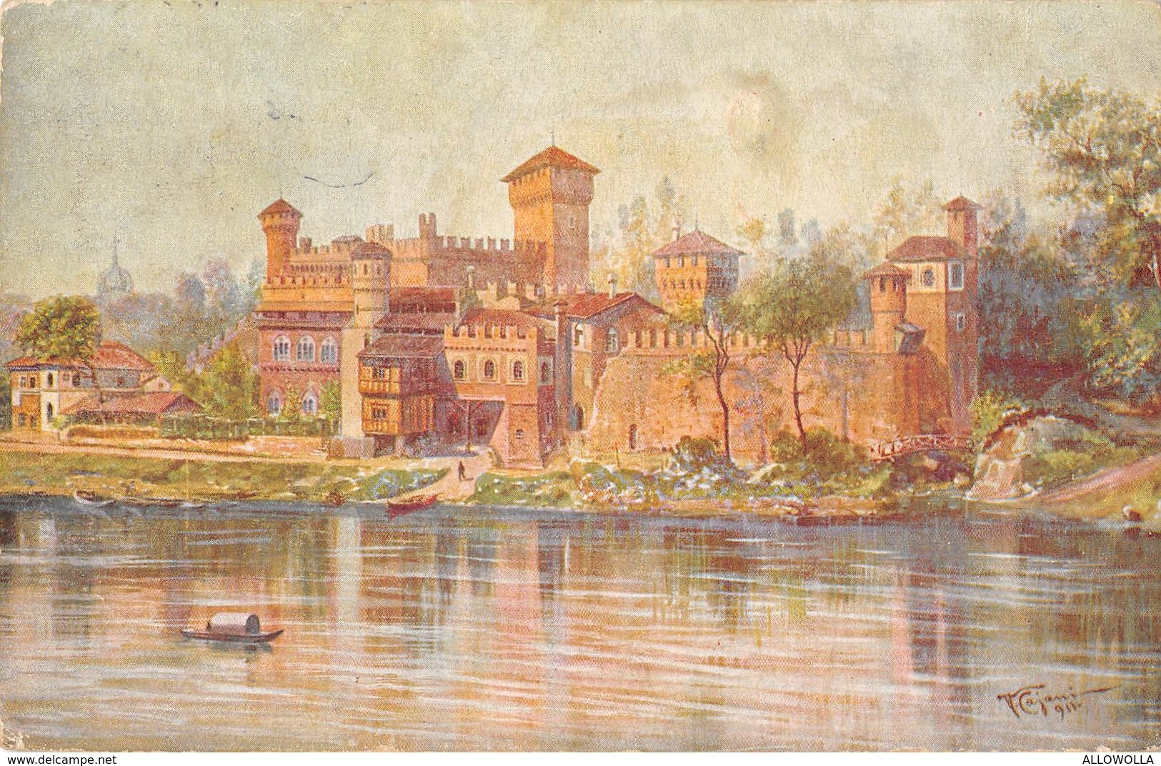 1512 "TORINO - CASTELLO MEDIOEVALE  SUL PO - BARCA -ILLUSTRAZ.. DI VITTORIO CAJANI " CART. POST. ANIMATA ORIG. NON SPED. - Castello Del Valentino