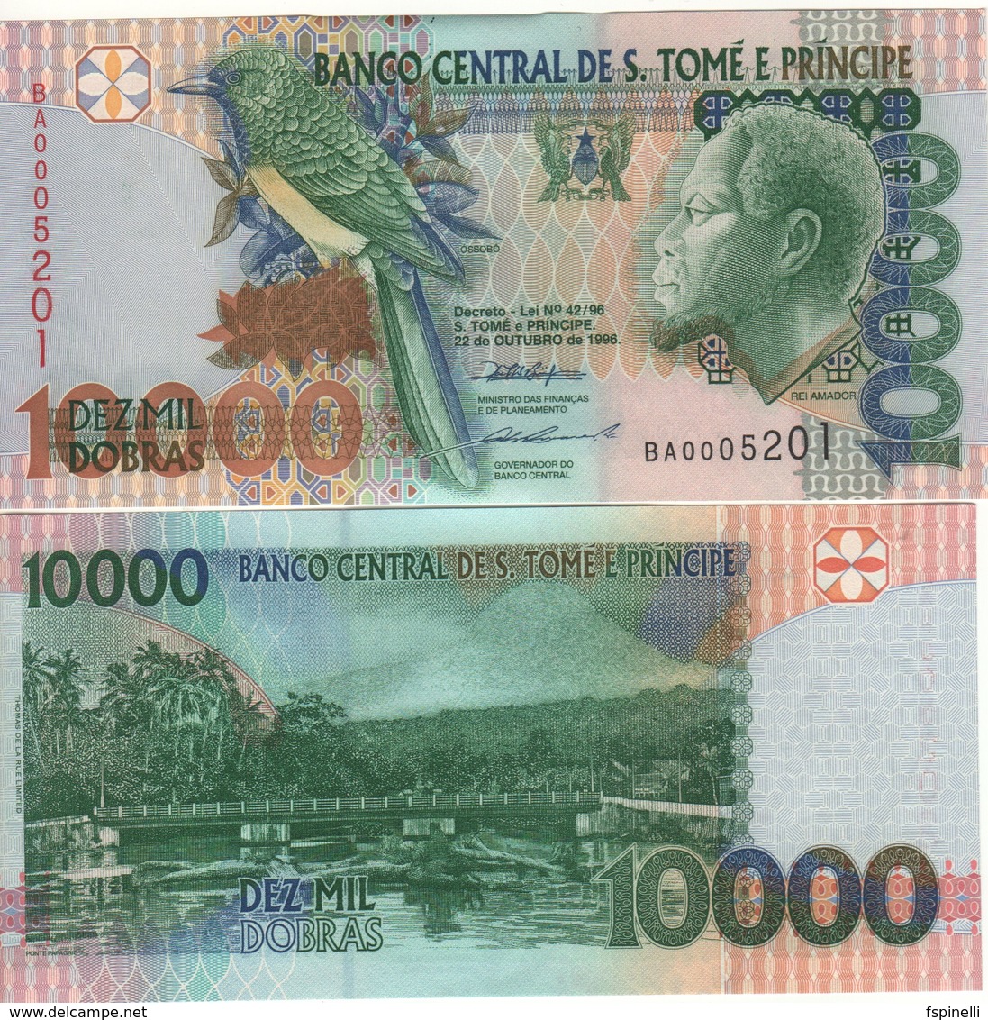 SAINT THOMAS & PRINCE  10'000 Dobras.  P66a  Dated 22.10.1996 (Bird Serie One Security Thread) UNC - Sao Tome And Principe