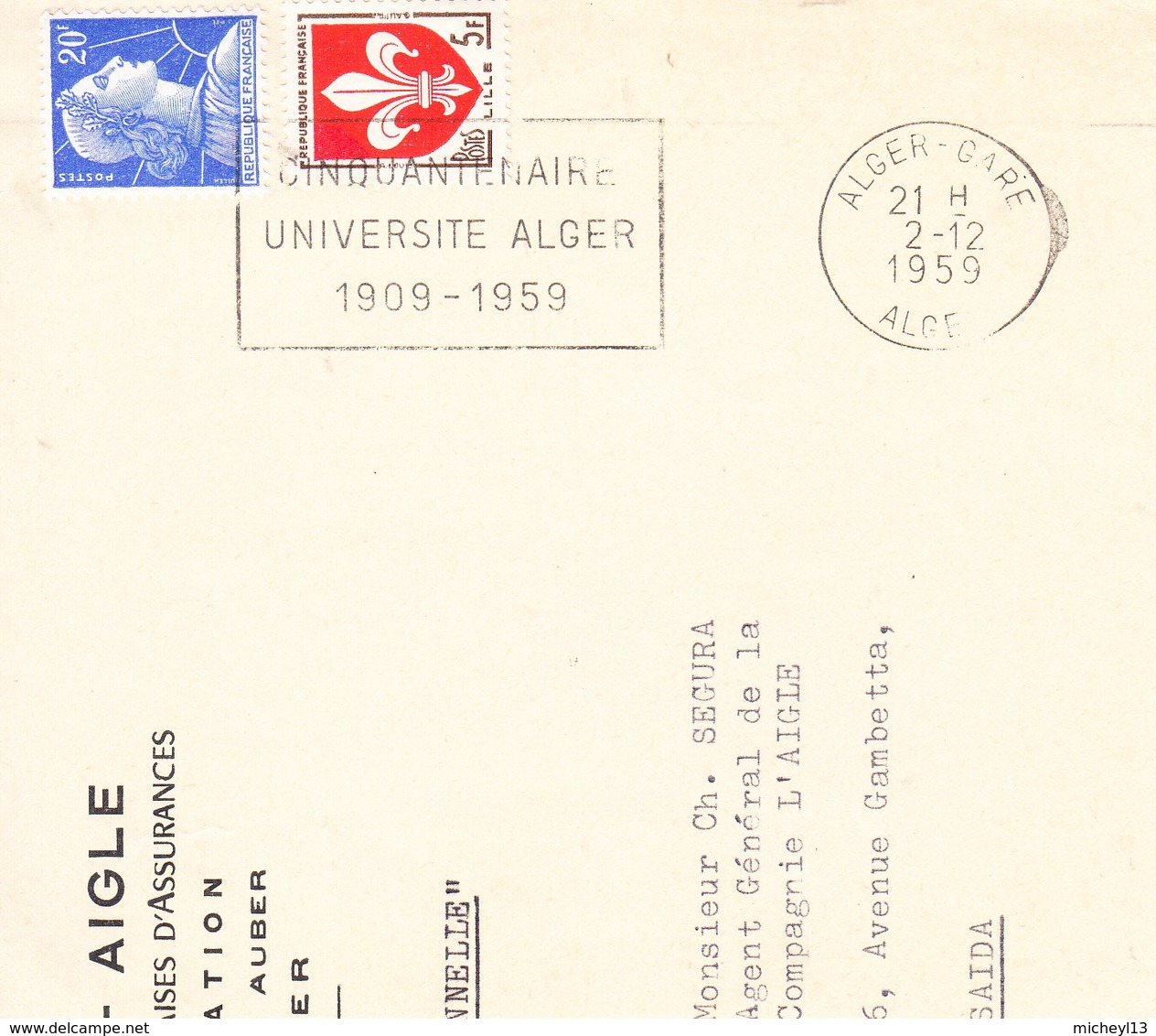 Flamme -ALGER-GARE-2/12/1959-Cinquantenaire De L'université D'ALGER - Briefe U. Dokumente