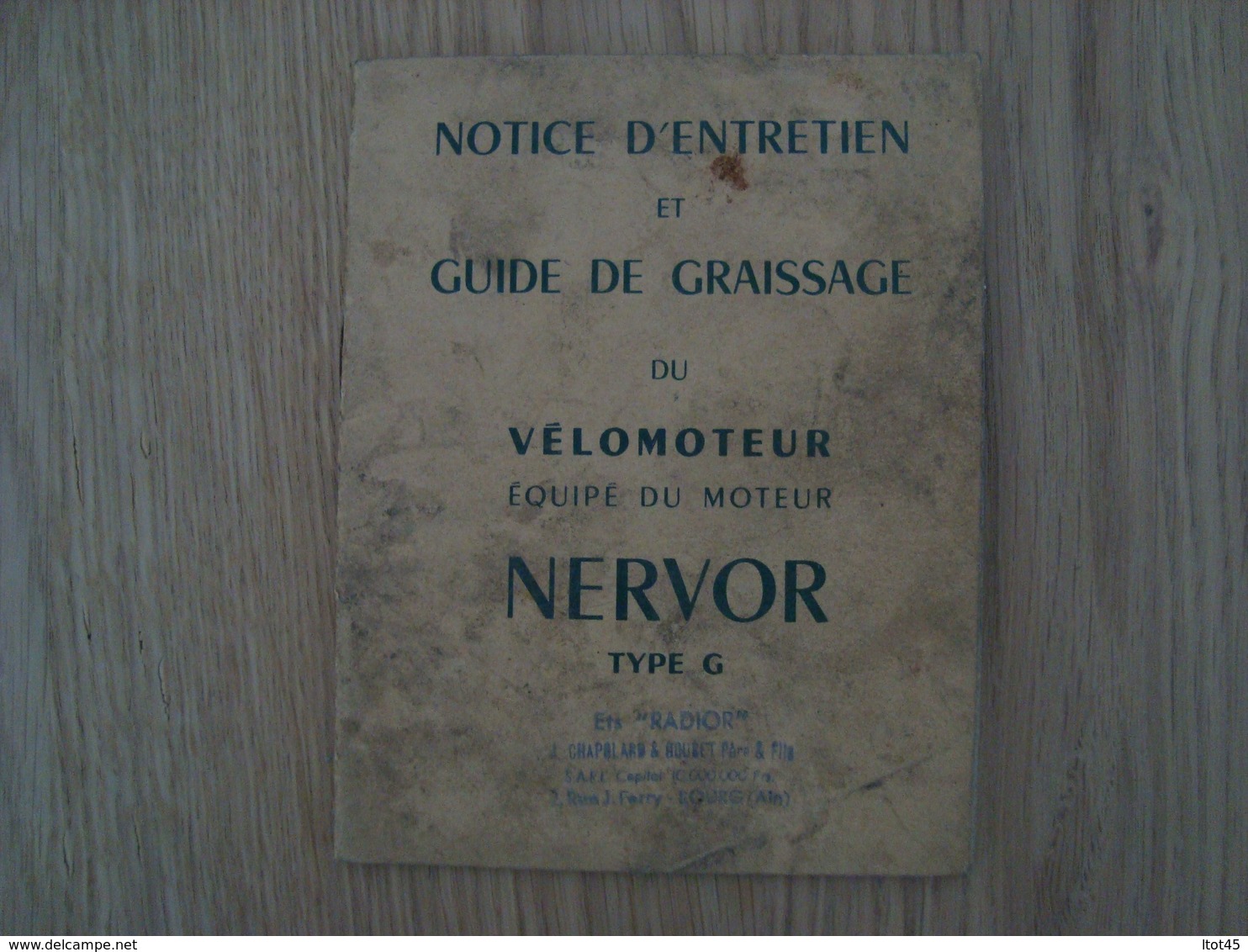 NOTICE D'ENTRETIEN ET GUIDE DE GRAISSAGE VELOMOTEUR MOTEUR NERVOR TYPE G - Automovilismo