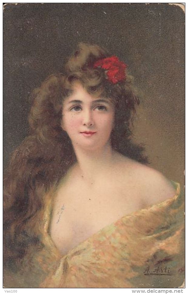 CPA SIGNED ILLUSTRATION, ASTI- YOUNG WOMAN WITH RED FLOWER IN HER HAIR - Asti