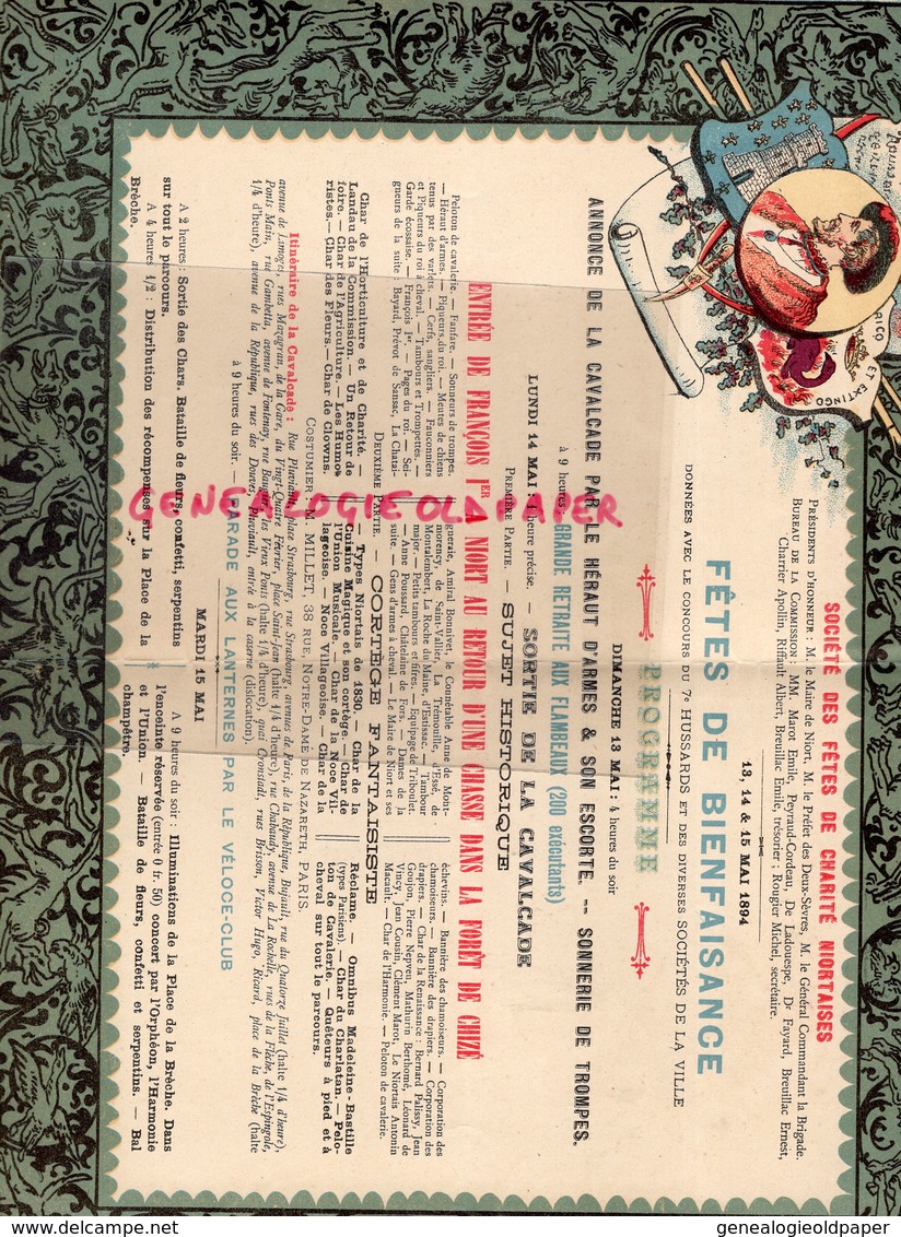 79-NIORT- CAVALCADE VILLE NYORT 1894-JEHAN PELLETIER MAIRE-FETES BIENFAISANCE-FRANCOIS 1ER CHASSE FORET CHIZE- - Documents Historiques