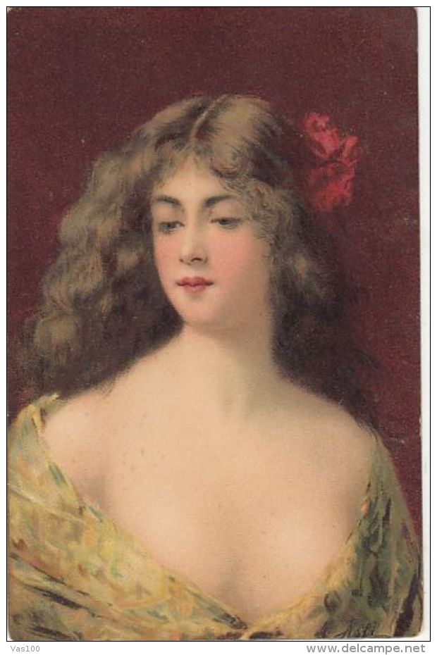 CPA SIGNED ILLUSTRATION, ASTI- YOUNG WOMAN WITH RED FLOWER IN HER HAIR - Asti