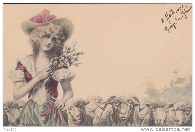 CPA SIGNED ILLUSTRATION, YOUNG SHEPHERDESS AND HER FLOCK - Wichera