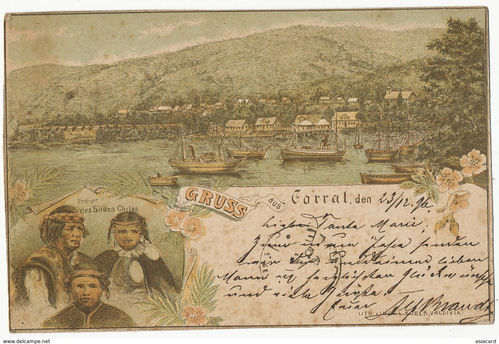 Gruss Aus Corral Precurseur Pioneer Card Litho Kober Valdivia . P. Used 1896 Indians South Chile To De Roestel - Chile