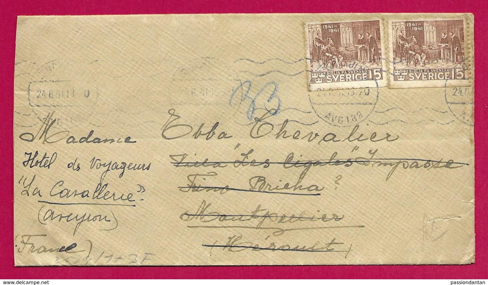 Enveloppe Ouverte Par L'Armée Allemande - Voyagée De Suède Vers Montpellier Puis Vers La Cavalerie - 1939-45