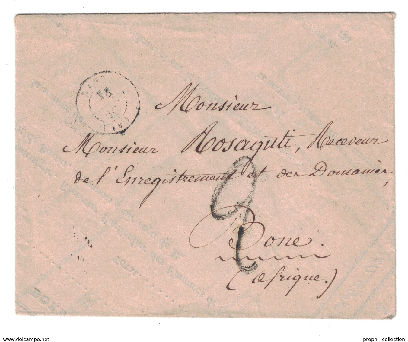 1849 - LETTRE (ENVELOPPE DE FORTUNE) LSC NON-AFFRANCHIE De BASTIA CORSE Pour BONE ALGERIE AFRIQUE TAXE TAMPON 2 - 1849-1876: Classic Period