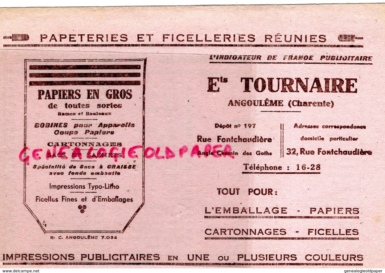 16- ANGOULEME- BUVARD ETS. TOURNAIRE PAPETERIE FICELLERIE- PAPIERS-CATONNAGE-CODIFICATION AUTOMOBILES - Papelería