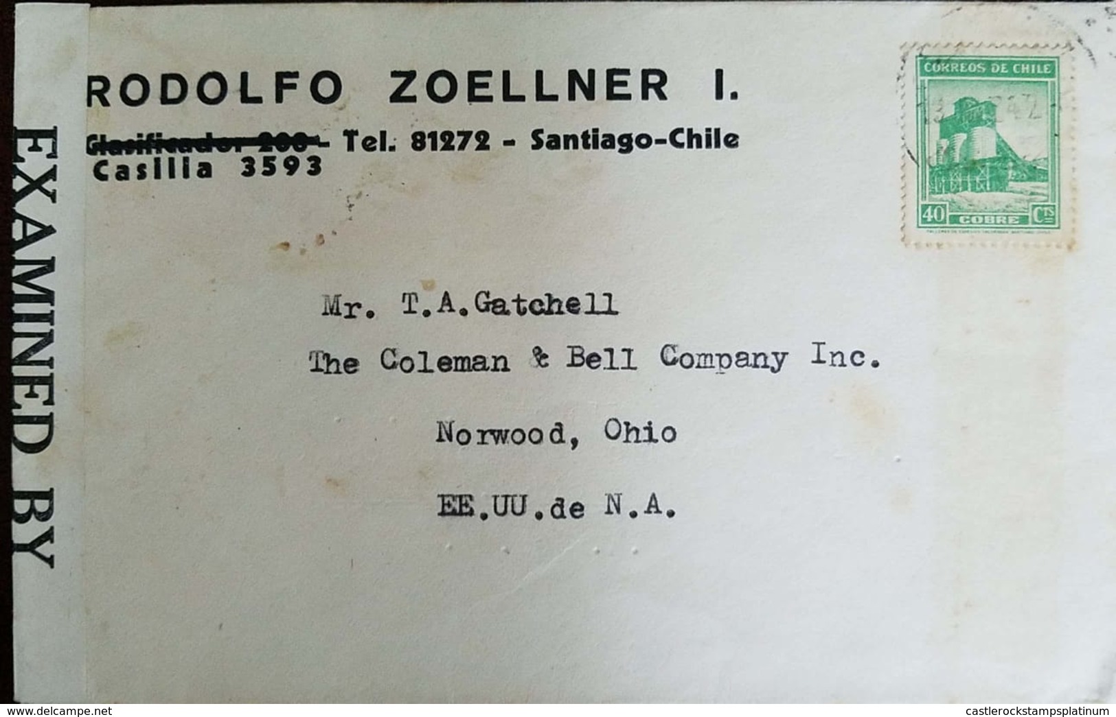 O) 1942 CHILE, COPPER MINE-SCOTT 203 40c, RODOLFO ZOELLNER TO USA - Chile