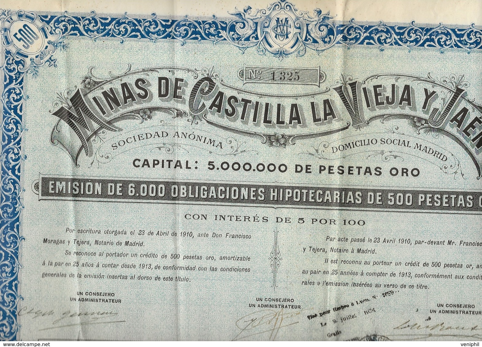 MINES DECASTILLA LA VIEJA Y JAEN - 6000 OBLIGATIONS DE 500 PESETAS OR -ANNEE 1910 - Mines