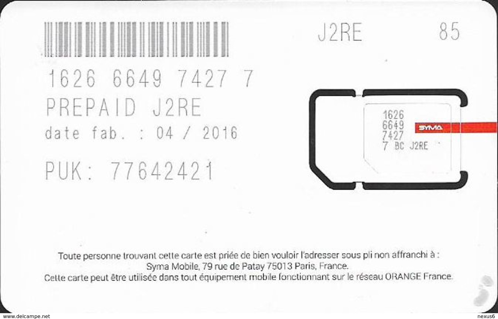 France - SYMA (Big Logo - Gold Chip) - Www.symamobile.com, Issue 04.2016, GSM SIM5 Mini/Micro, Mint - Otros & Sin Clasificación