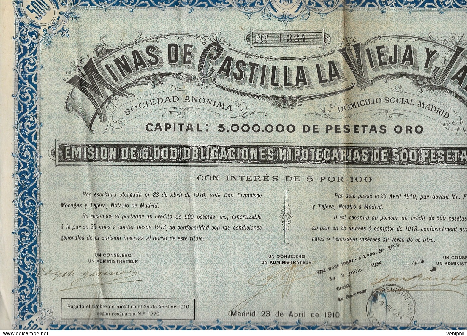 MINES DECASTILLA LA VIEJA Y JAEN - 6000 OBLIGATIONS DE 500 PESETAS OR -ANNEE 1910 - Mines