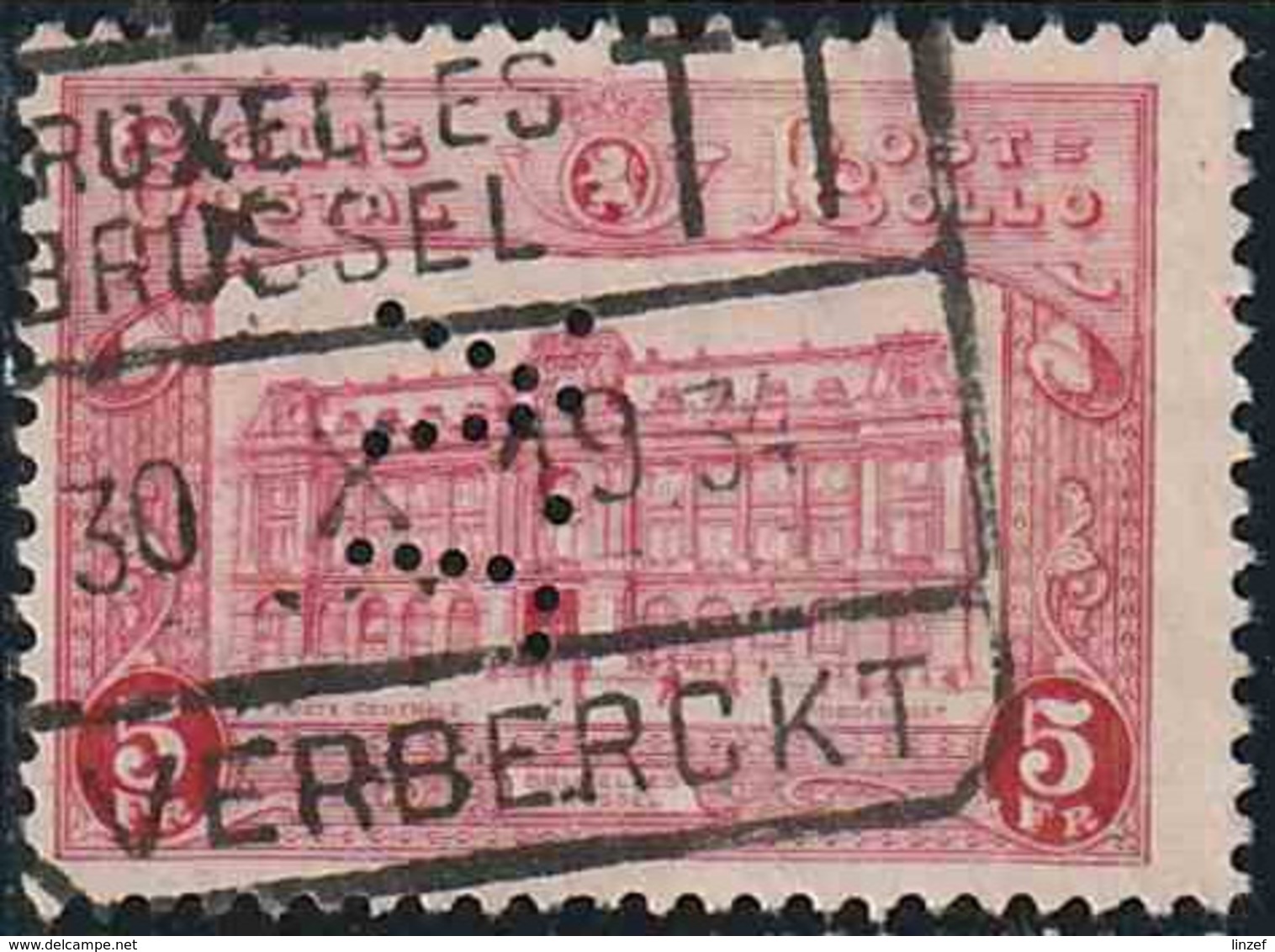 Belgique Colis Postal Yv. N°172 - Hotel Des Postes De Bruxelles - 5F Carmin Perforé - Oblitéré - 1909-34