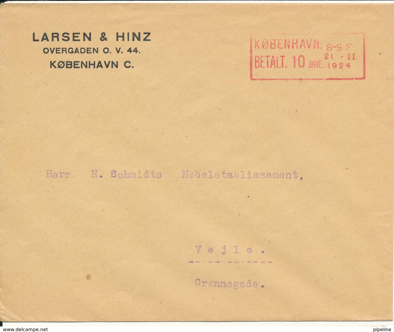 Denmark Cover With Meter Cancel Copenhagen 21-2-1924 (Larsen & Hinz) - Lettres & Documents