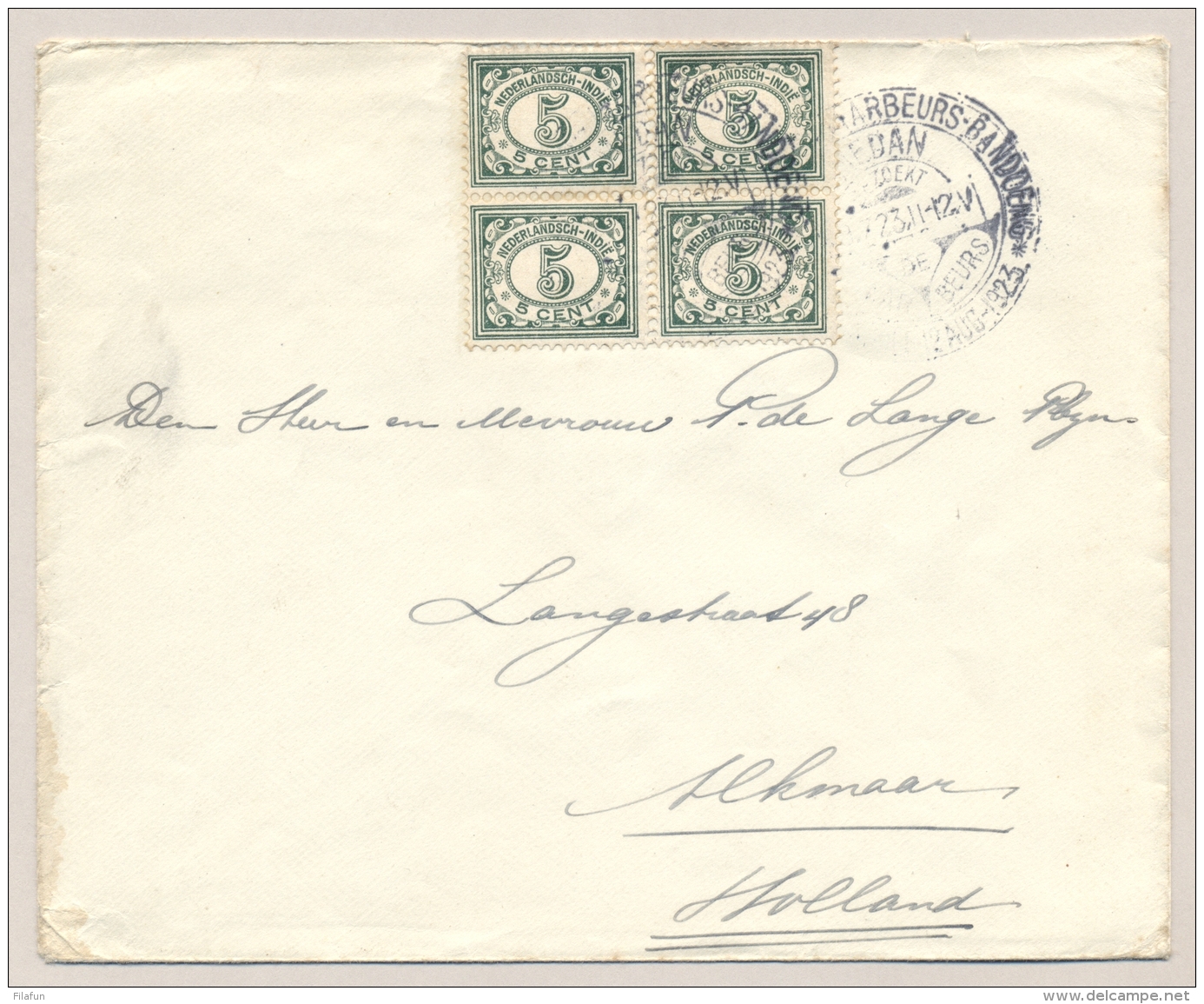 Nederlands Indië - 1923 - 5 Cent Cijfer In Blok Van 4 Op Cover Met Jaarbeursstempel Medan Naar Alkmaar / Nederland - Niederländisch-Indien