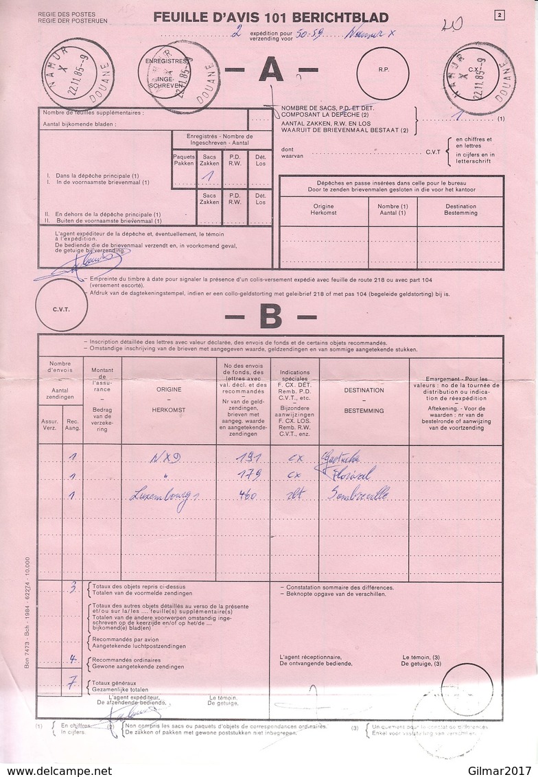 Document Berichtblad Posterijen Met Stempel Namur Douane - Briefe U. Dokumente