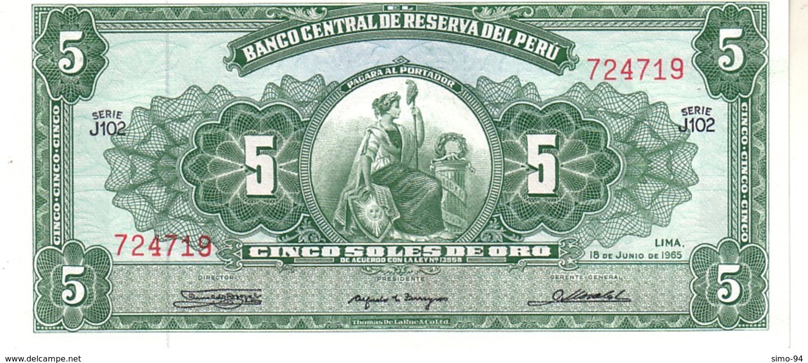 Perù P.83 5  Soles 1965 Unc - Perù