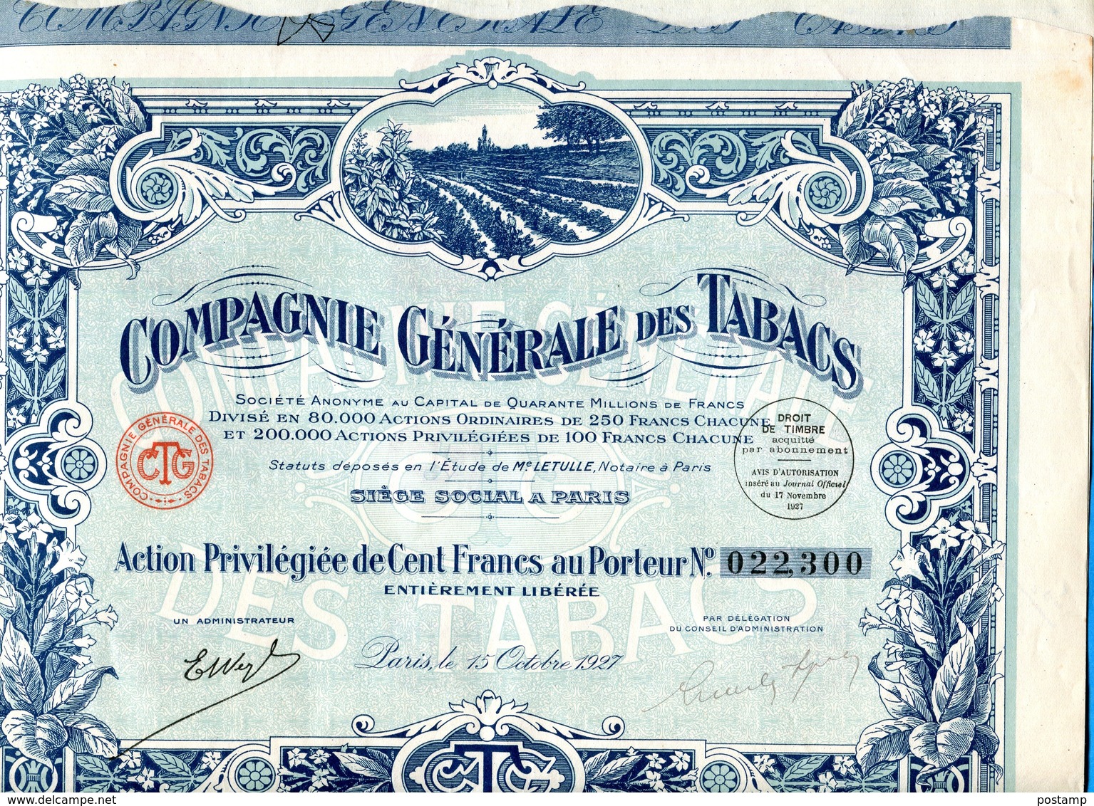 ACTION-Privilégiée- Illustrée -" Cie Générale Des Tabacs" 100francs 1927- Coupons Attachés- - Landwirtschaft