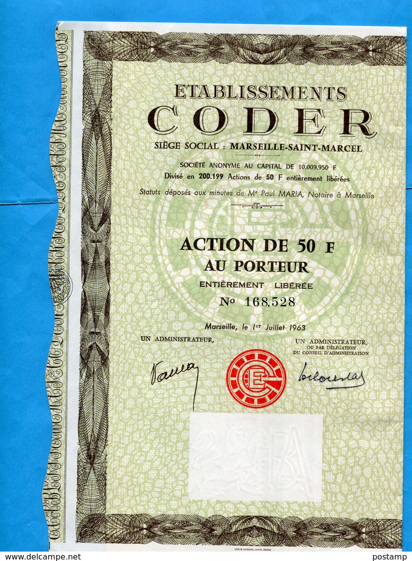 ACTION-- Illustrée -" CODER" Marseille -st Marcel-50francs 1963-  Coupons Attachés- - Industrie