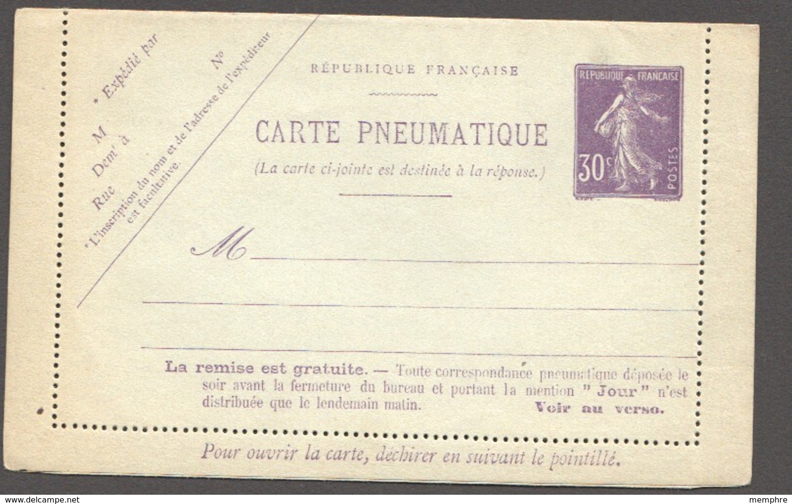 Carte-lettre Pneumatique Type Semeuse Camée 30 Cent.17 Lignes 42 Localités Sans Date  CLPP 4  Neuve - Pneumatic Post