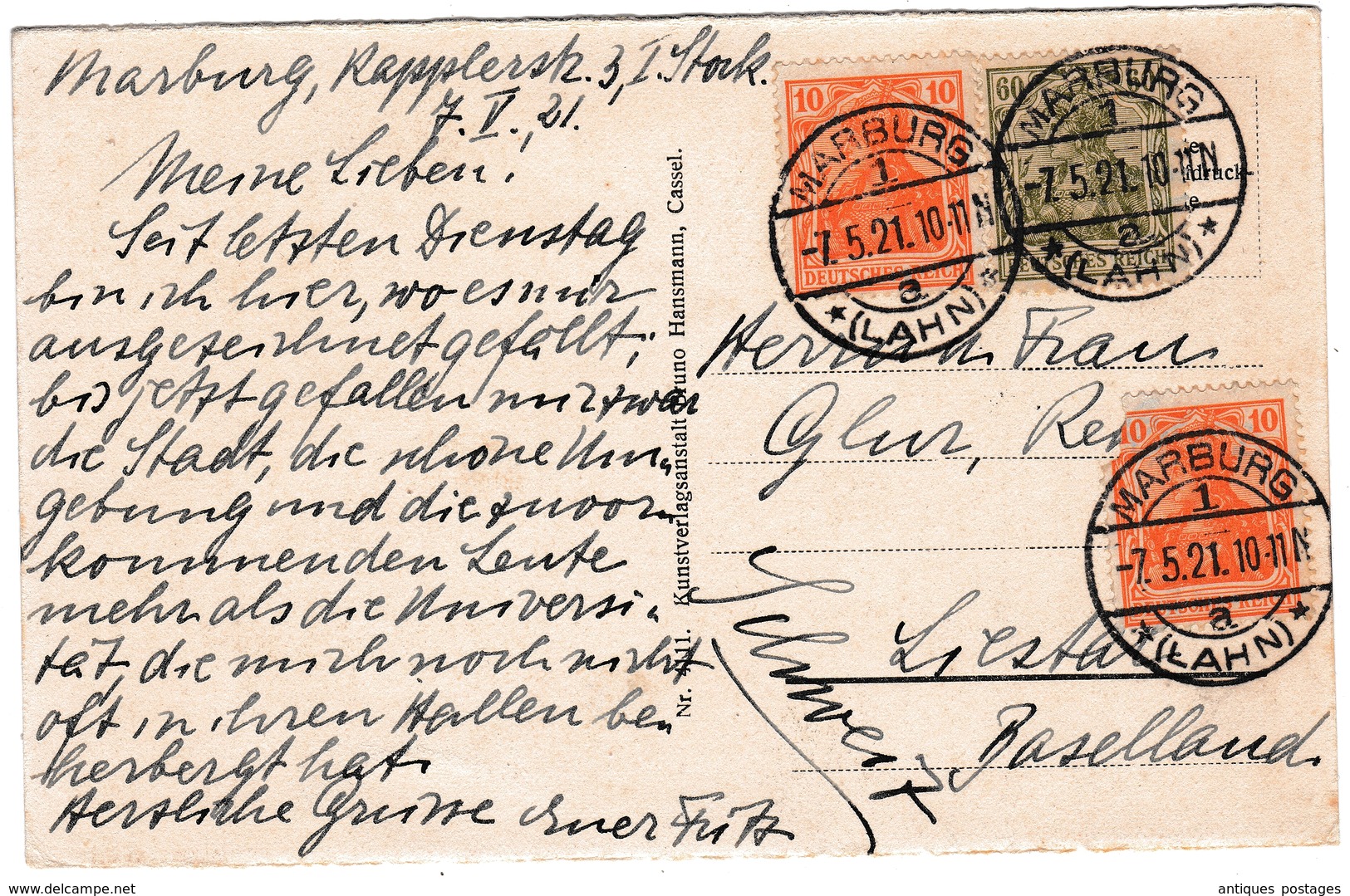 Postkarte Marburg Lahn 1921 Deutschland Rathaus Und Marktplatz Schweiz Liestal - Lettres & Documents