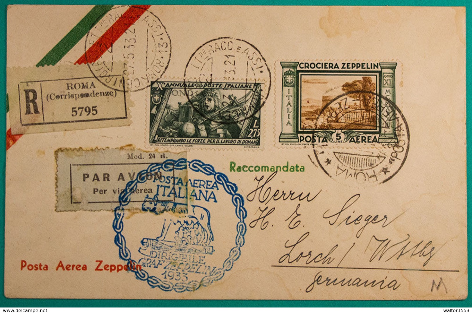 Storia Postale Posta Aerea Zeppelin Lire 5 Su Aerogramma Racc. Per La Germania Sassone Z11A Rara !! - Marcofilía (Zeppelin)