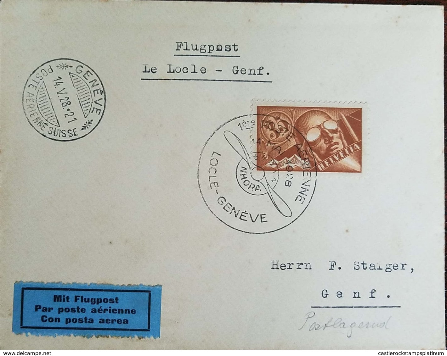 L) 1928 SWITZERLAND, HELVETIA, 35C, BROWN, GENEVA, AIRMAIL, XF - Covers & Documents