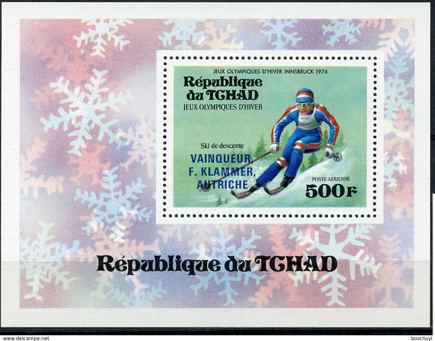 Chad, 1976, Olympic Winter Games Innsbruck, Sports, Skiing, MNH Blue Overprint, Michel Block 63A - Chad (1960-...)