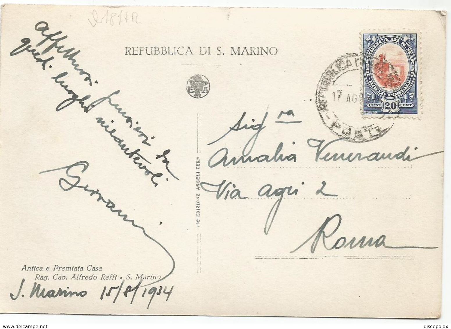 W181 Repubblica Di San Marino - Panorama - 20 Centesimi / Viaggiata 1934 - Cartas & Documentos