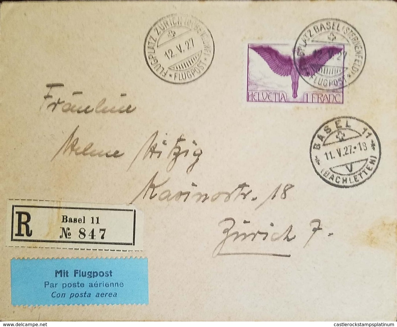 L) 1927 SWITZERLAND, ICARUS, VIOLET, 1 FRANC, AIRMAIL, XF - Covers & Documents