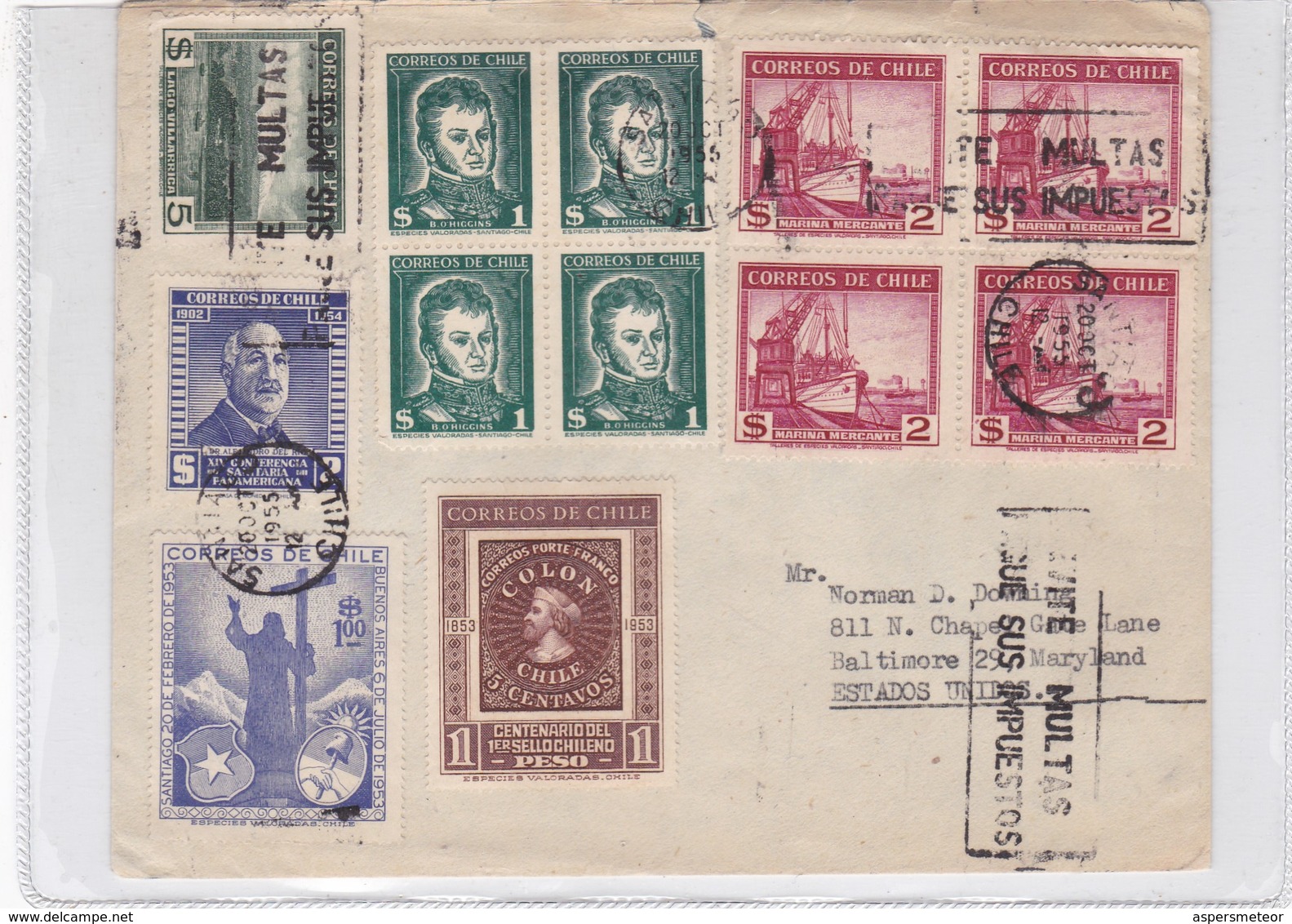 ENVELOPEE CIRCULE CHILE TO USA. MIXED STAMPS, BLOCK STAMPS, AVEC AUTRES MARQUES OBLITERE 1955- BLEUP - Chili