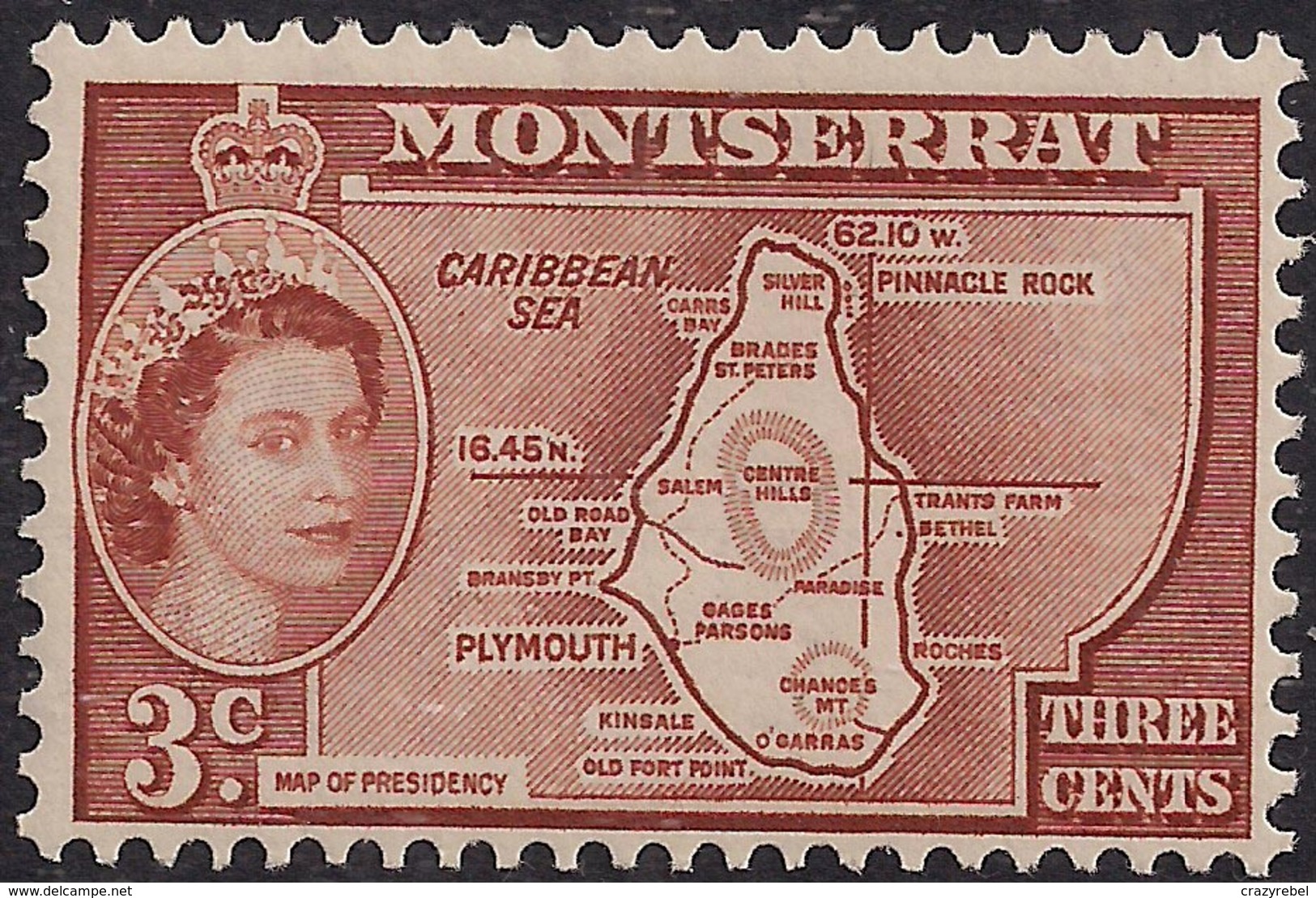 Montserrat 1953 QE2 3ct Orange Brown Colony Map Umm SG 139 (H1412) - Montserrat