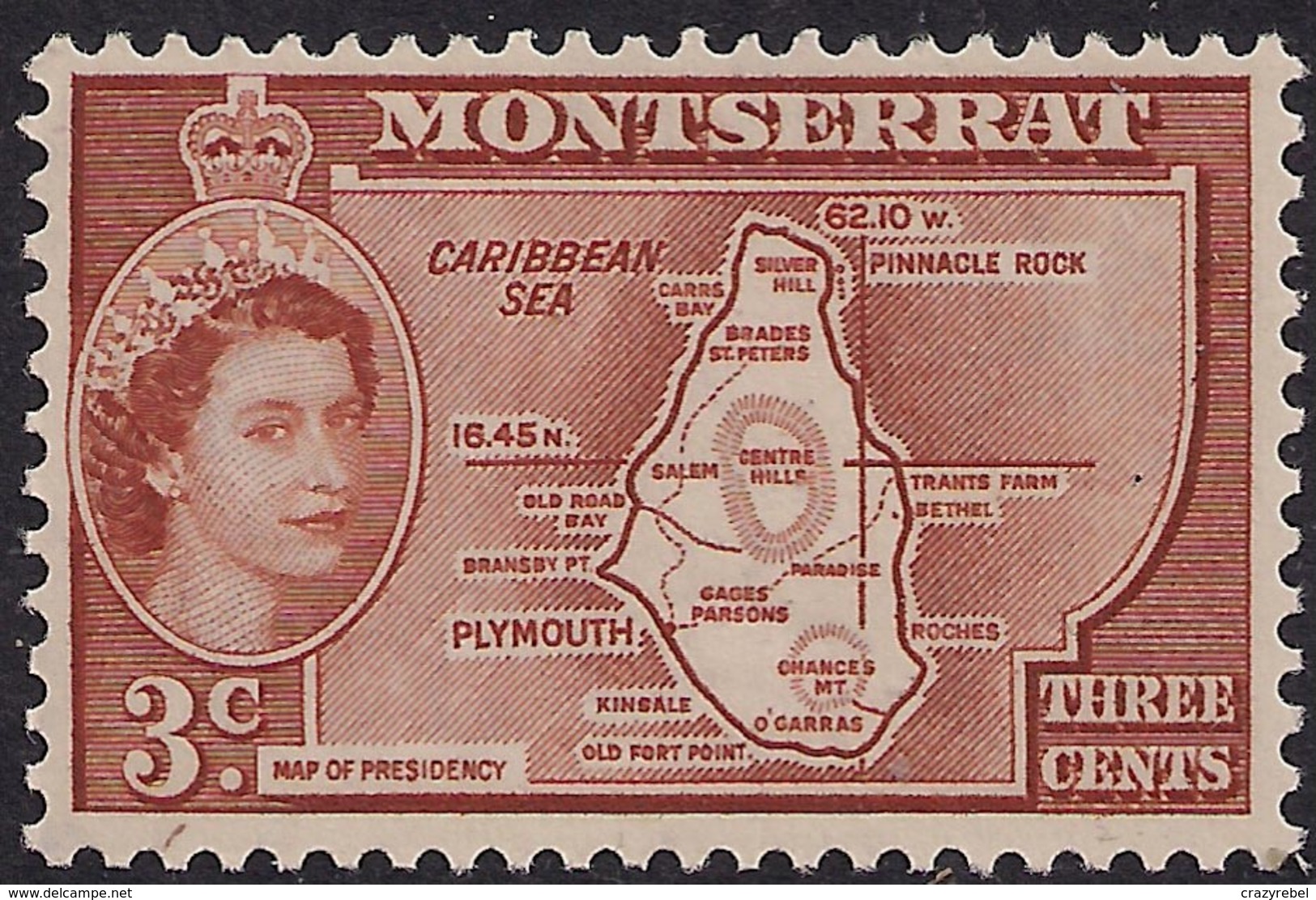 Montserrat 1953 QE2 3ct Orange Brown Colony Map Umm SG 139 (H1413) - Montserrat