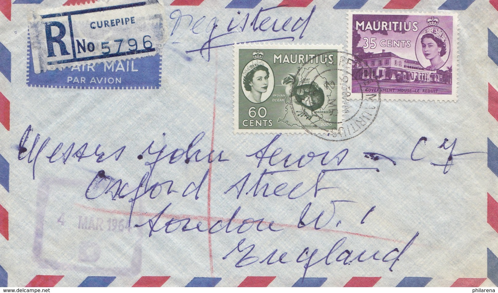 Mauritius: 1964: Registered Curepipe To London - Mauritius (1968-...)