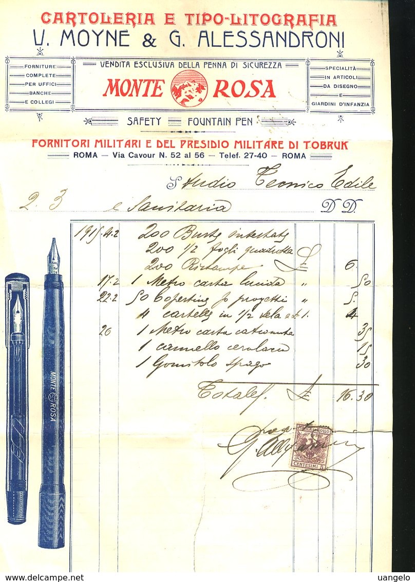 18 ROMA 1915 -  PENNE MONTE ROSA , CARTOLERIA V. MOYNE &G. ALESSANDRONI , VIA CAVOUR - Italia