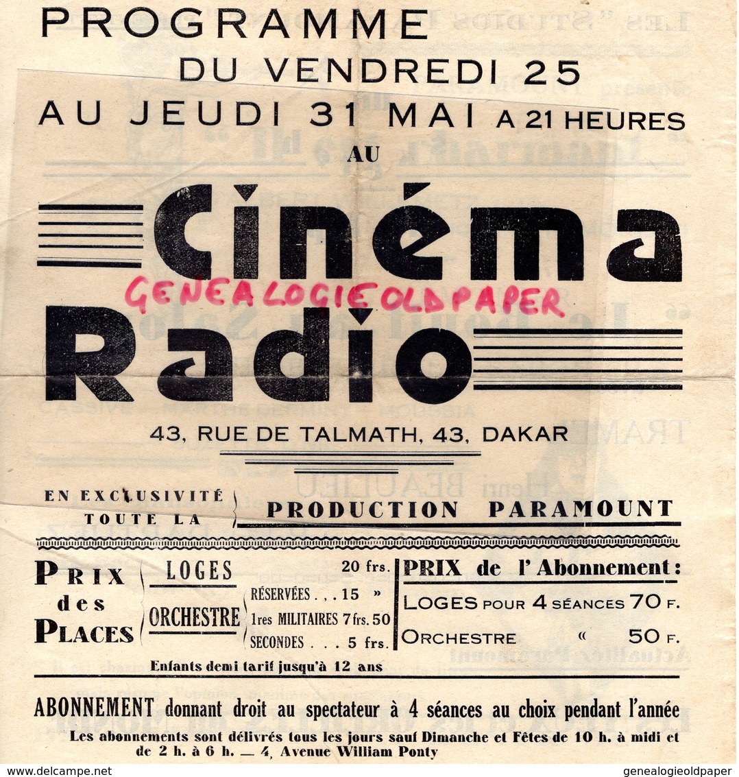 SENEGAL -DAKAR -PROGRAMME CINEMA RADIO- 43 RUE TALMATH- STUDIOS PARAMOUNT-IL EST CHARMANT ALBERT WILLEMETZ-MEG LEMONIER- - Programs