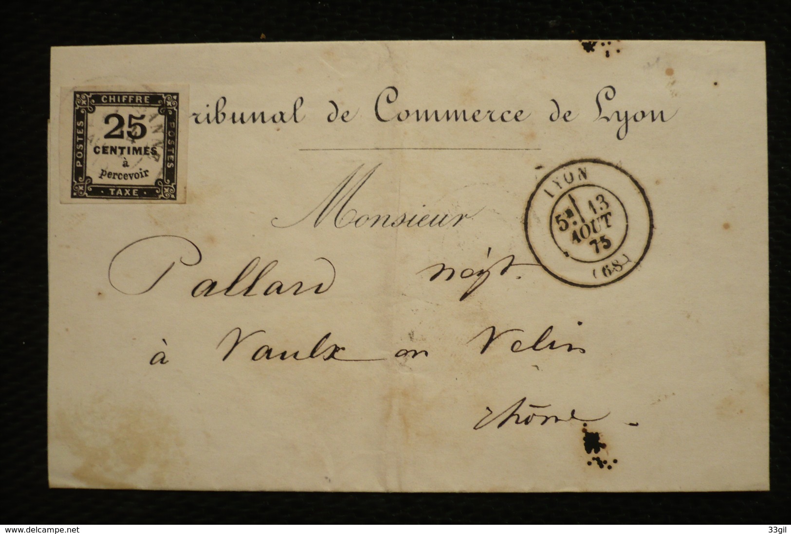 Taxe 25c N°5 Sur Lettre Lyon 13/08/1875 - 1859-1959 Lettres & Documents