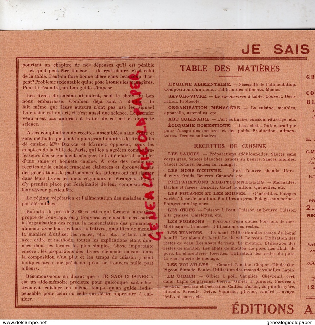 29- BREST-RARE COUVRE LIVRE ARTAULT-RAT MACE AGENCE JOURNAUX PAPETERIE LIBRAIRIE-JE SAIS CUISINER -CUISINE-ALBIN MICHEL- - C