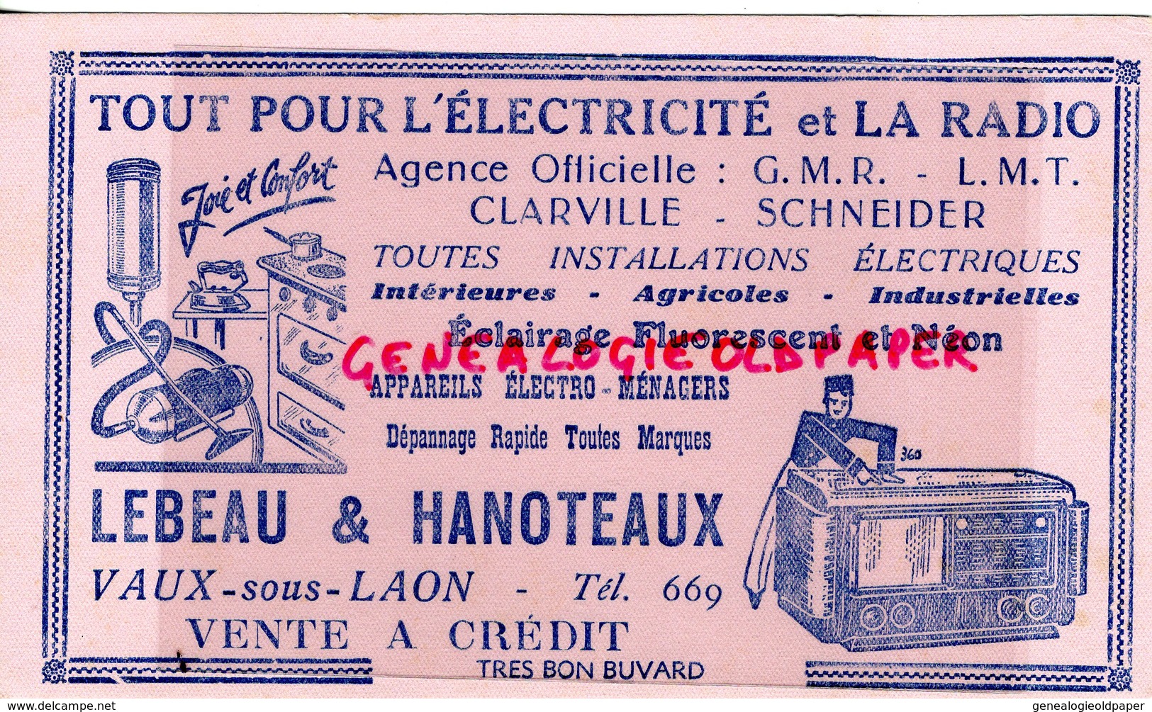 02- VAUX SOUS LAON- BUVARD LEBEAU & HANOTEAUX- ELECTRICTE RADIO- CLARVILLE SCHNEIDER-NEON-TSF-ASPIRATEUR - Electricidad & Gas