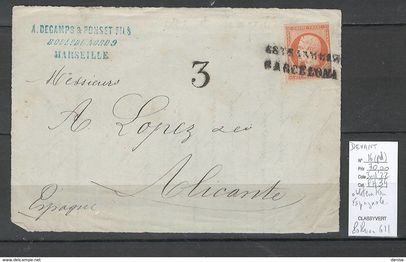 France - Devant De Lettre De Marseille Pour Alicante - Espagne - Griffe ESTRANGERO BARCELONA - 1849-1876: Classic Period