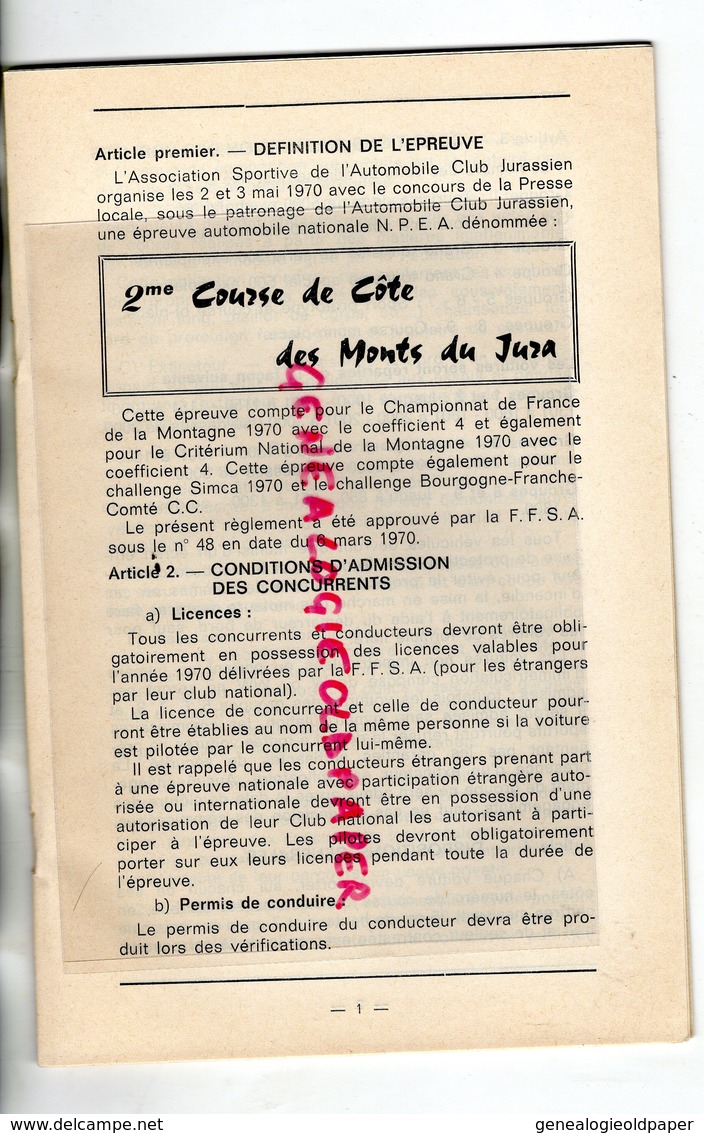 39- SALINS LES BAINS- PROGRAMME COURSE DE COTE DES MONTS DU JURA-MAI 1970-AUTOMOBILE CLUB JURASSIEN-CHAMBELLAND-MEUNIER- - Programma's