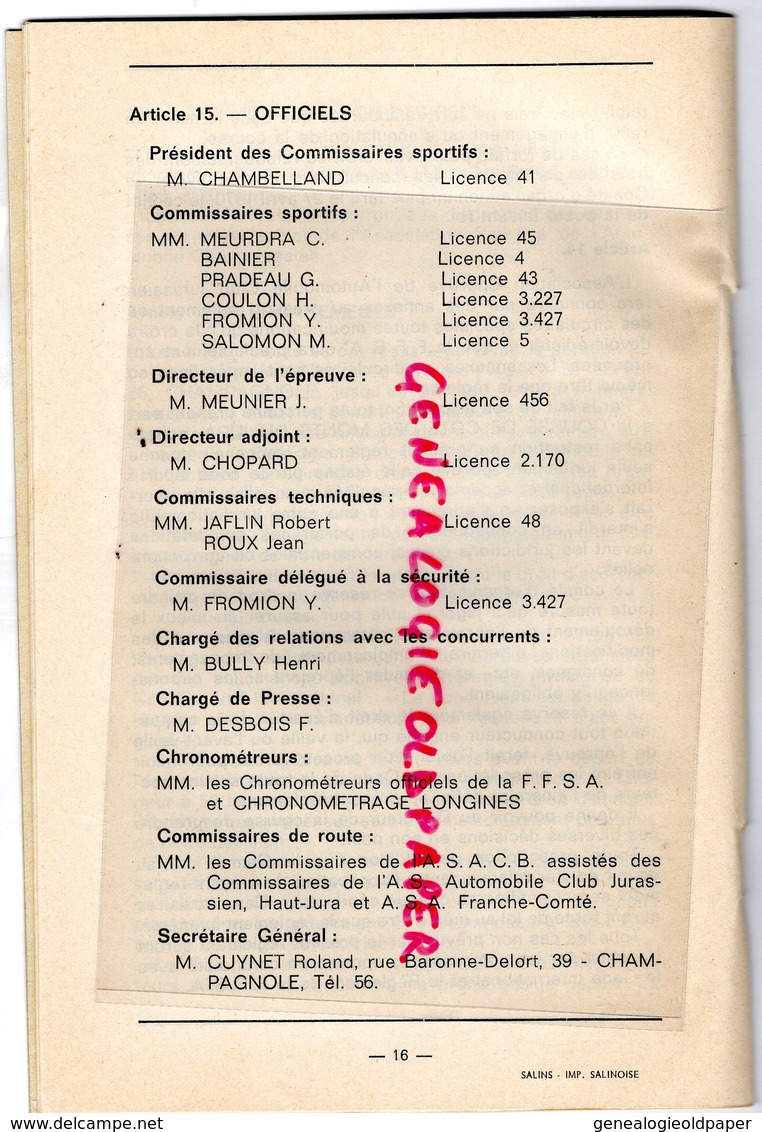 39- SALINS LES BAINS- PROGRAMME COURSE DE COTE DES MONTS DU JURA-MAI 1970-AUTOMOBILE CLUB JURASSIEN-CHAMBELLAND-MEUNIER- - Programs