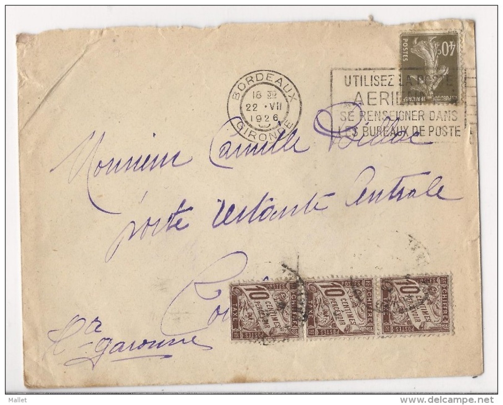 Lettre Bordeaux à Toulouse, Poste Restante Centrale, Affranchie à 40 Cts Et Taxée à 30 Cts - 1926 - 1859-1959 Briefe & Dokumente